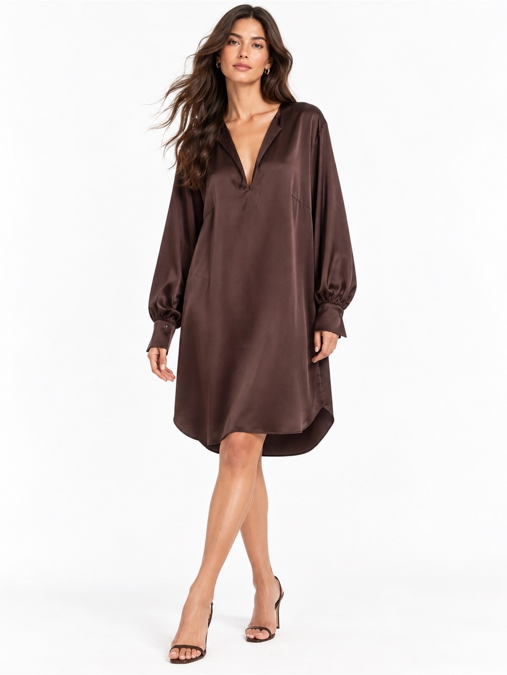 H&M Dark Chocolate Brown Satin Like Oversized Shirt Tunic Dress Blouson Sleeve L